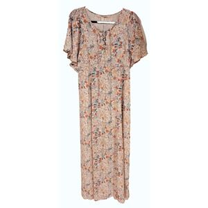 Forever 21 Contemporary Floral Boho Maxi Dress Lace Up Flutter Sleeve Cream L